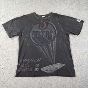 Vintage Starter Edmonton Oilers T Shirt Mens Medium Black Night Games AOP Logo